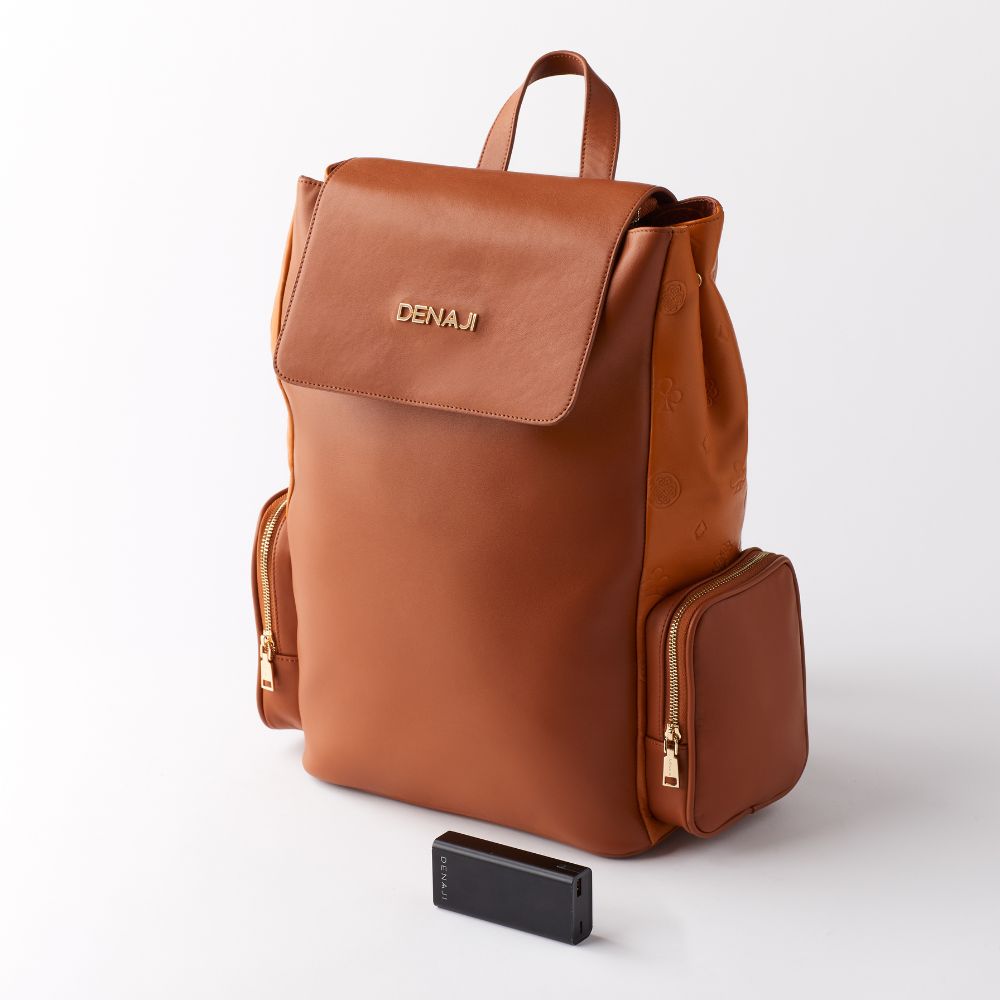 ICON BACKPACK - COGNAC (FRONT WITH PORTABLE BATTERY CHARGER)