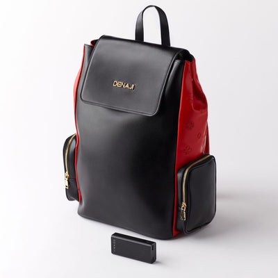 ICON BACKPACK - BLACK AND RED (FRONT WITH PORTABLE BATTERY CHARGER)